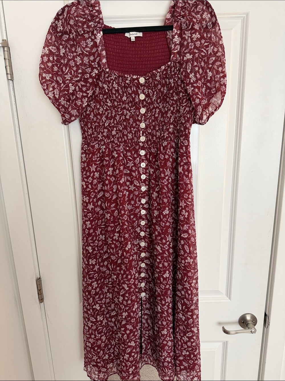 Madewell Burgundy Floral Midi Dress with Puff Sleeves